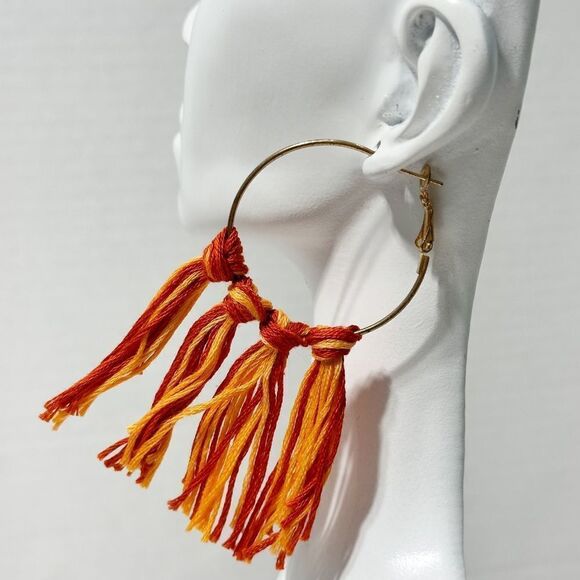 Tassel Hoop Earrings Orange Yellow Statement Fashion Earrings Boho Fringe Large - Picture 1 of 6